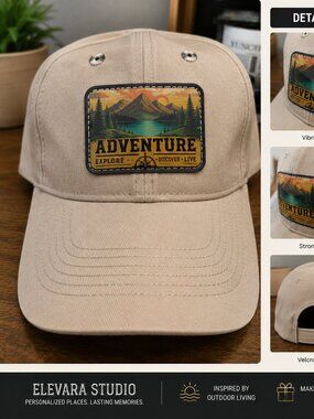Adventure Leather Patch Hat Hiking Camping Adjustable Baseball Cap Khaki